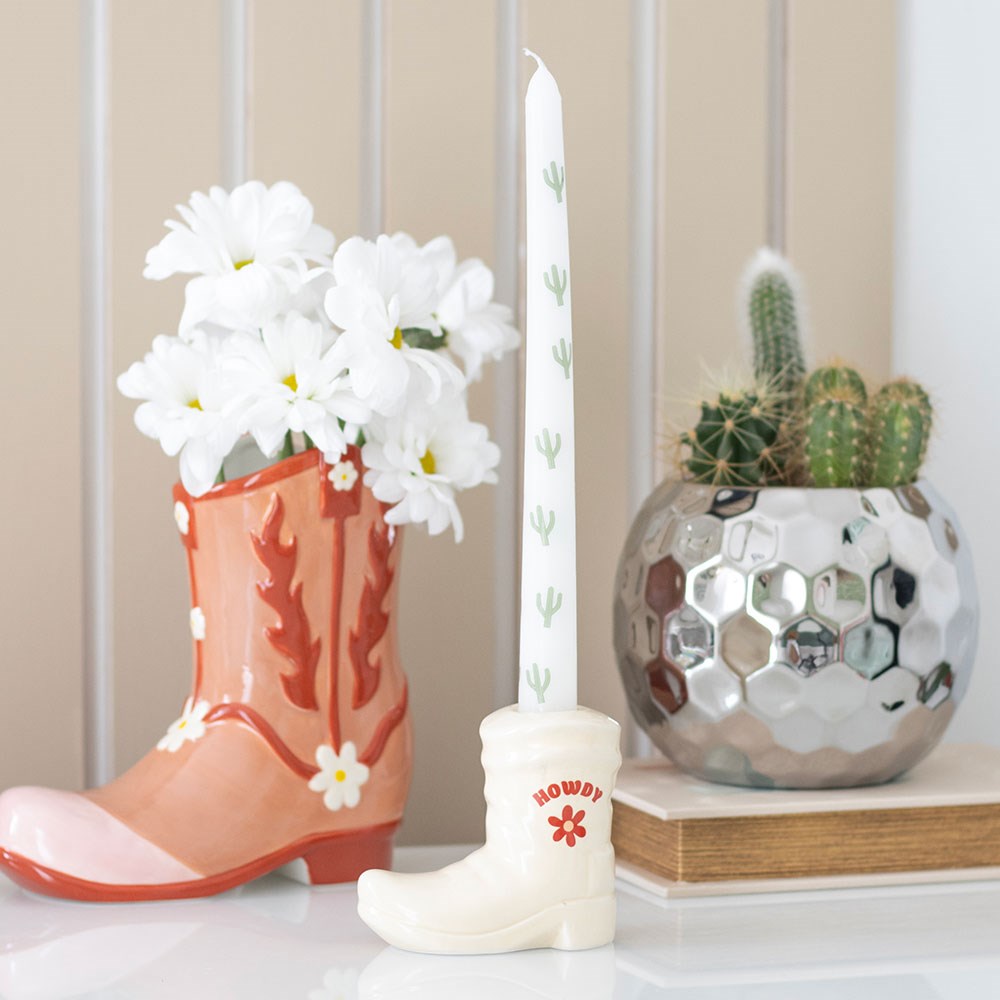 White Cowboy Boot Candle Holder and Tapered Candle